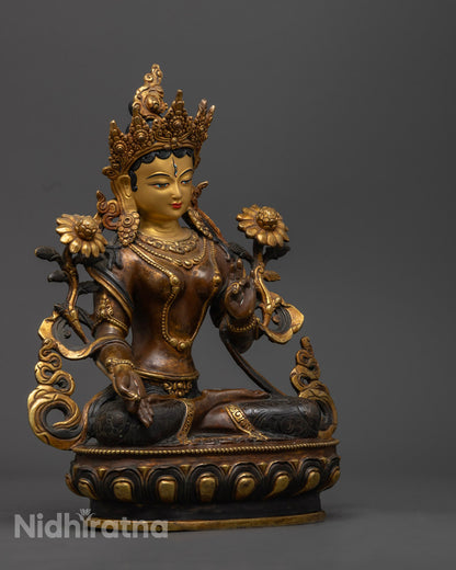Handcrafted White Tara Statue made from oxidized copper with intricate carvings and vibrant acrylic color detailing.