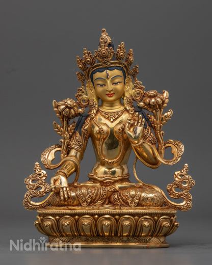 Handcrafted White Tara Statue seated on a lotus throne, symbolizing compassion, protection, and healing energy