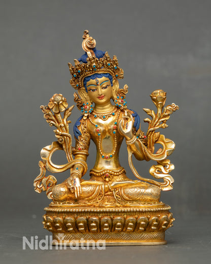 Handcrafted White Tara statue for home altar, gold fire-gilded copper Tibetan art