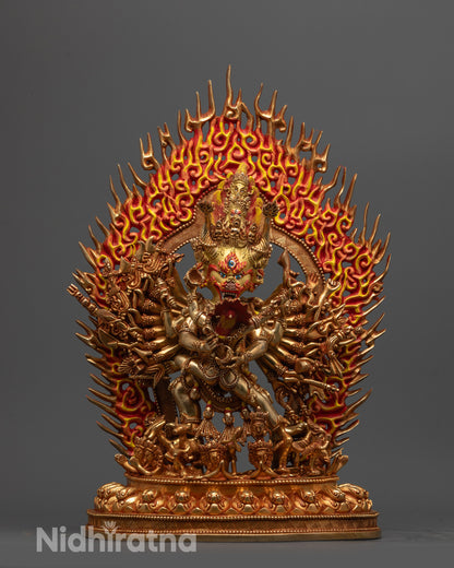 Handcrafted Yamantaka Statue front view with 24K gold-gilded face and copper base