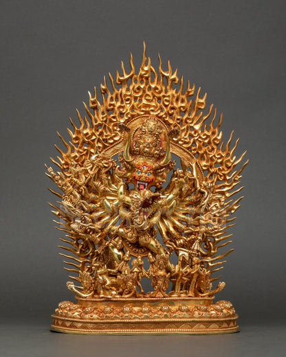 Handcrafted Yamantaka with Consort Statue showing 16 arms, 9 faces, and 24K gold fire-gilding