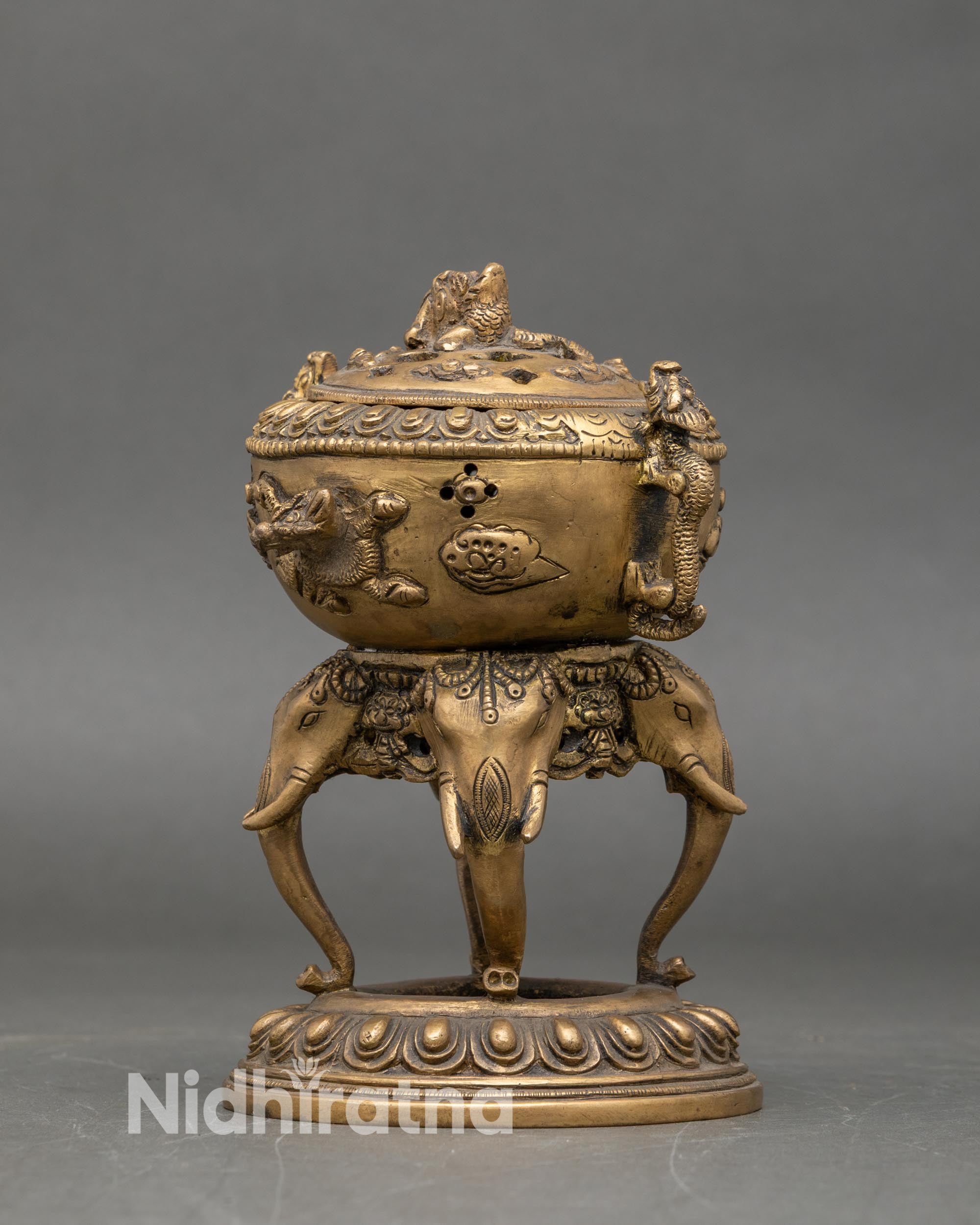 Handcrafted-Brass-Incense-Burner-With-Four-Elephant-Trunk-Base-And-Dragon-Handles-Nepal
