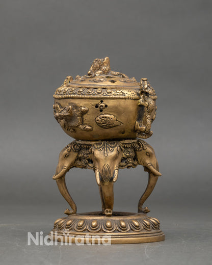 Handcrafted-Brass-Incense-Burner-With-Four-Elephant-Trunk-Base-And-Dragon-Handles-Nepal
