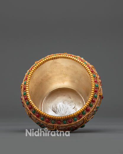 Handcrafted copper Tibetan Crockpot with gemstone filigree Himalayan artistry