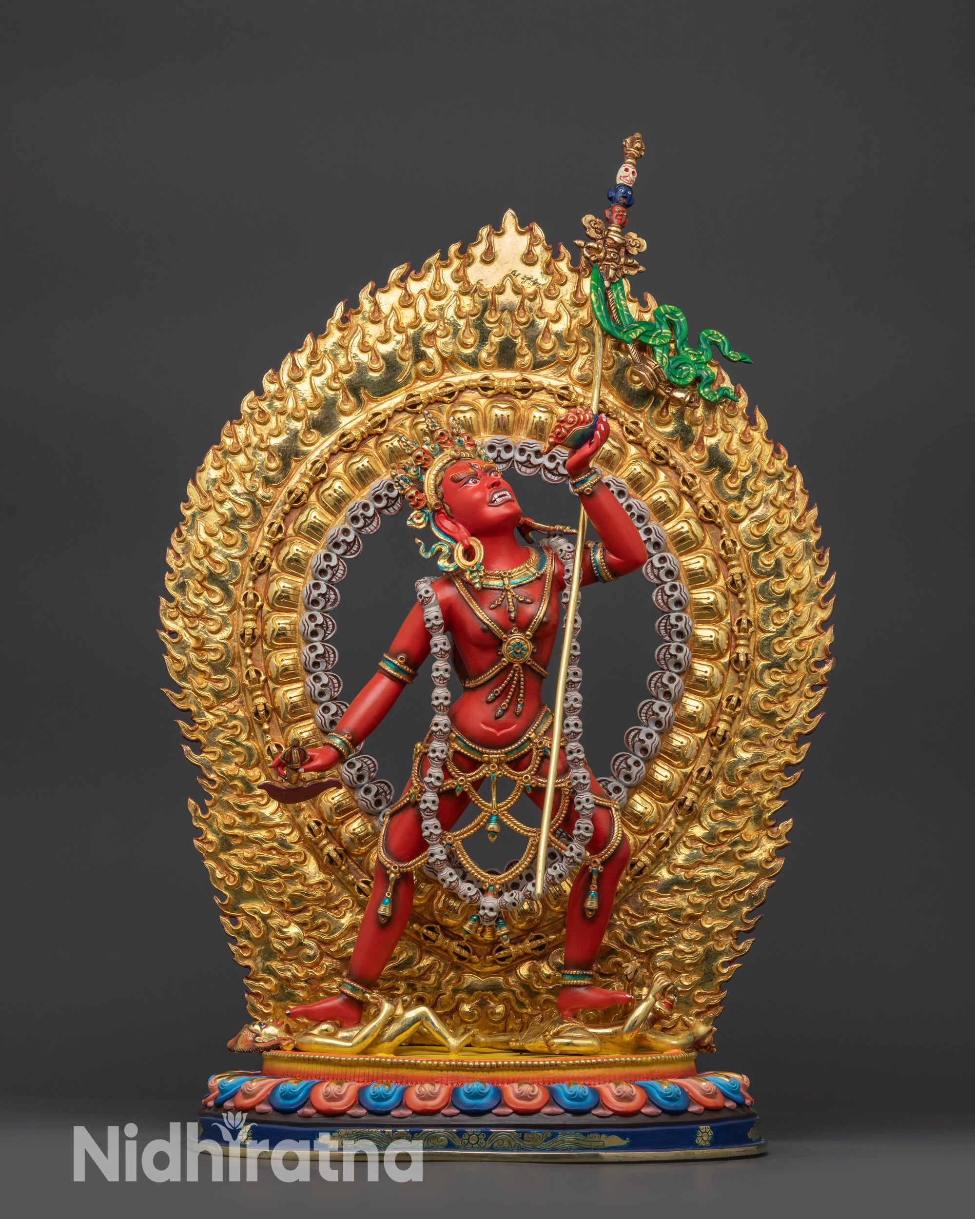 Handcrafted copper Vajrayogini statue in powerful wrathful meditation form.

