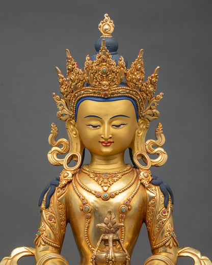 Handcrafted gold-gilded Amitayus statue showing full body details and lotus pedestal