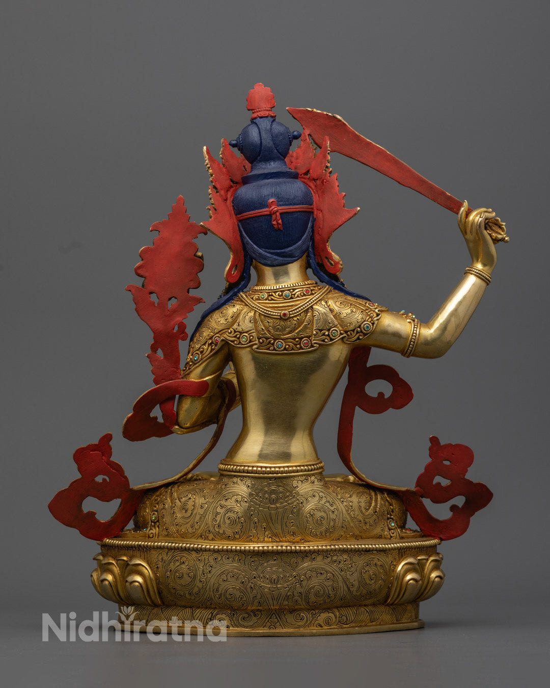 Handcrafted gold Manjushree statue, a symbol of intellectual wisdom and enlightenment, offering blessings of clarity and insight to all practitioners