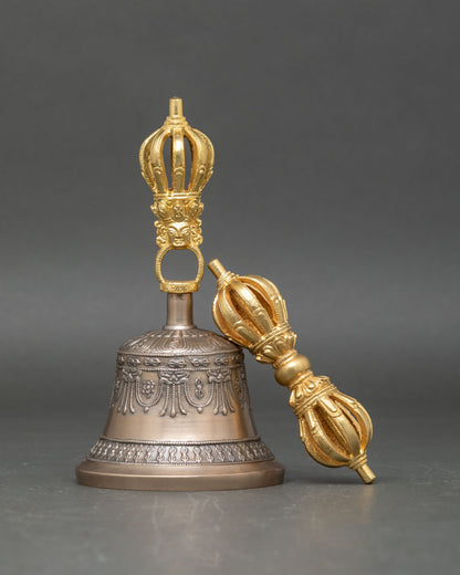 Handmade Vajra and Bell set, Nepalese bronze and gold-plated ritual tools