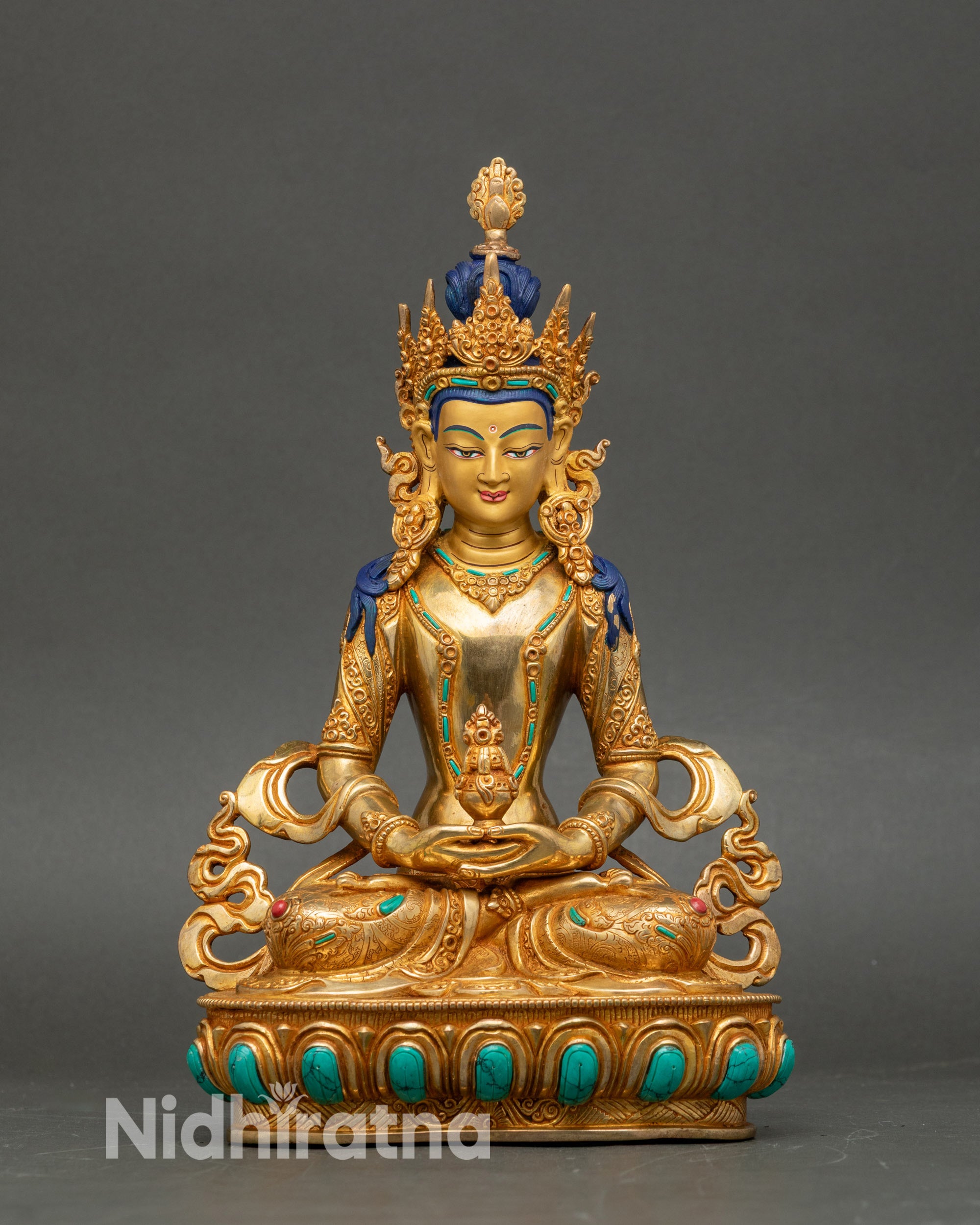 Handmade Amitayus Buddha Statue from Nepal, copper with semi-precious stones