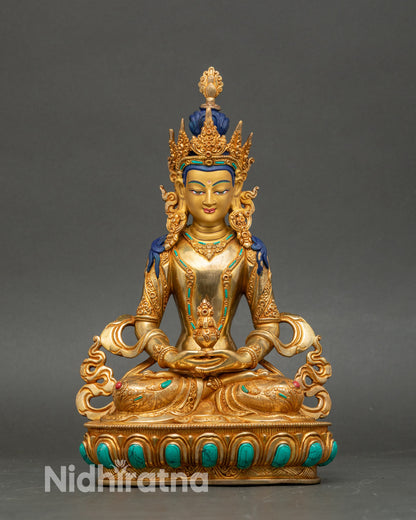 Handmade Amitayus Buddha Statue from Nepal, copper with semi-precious stones