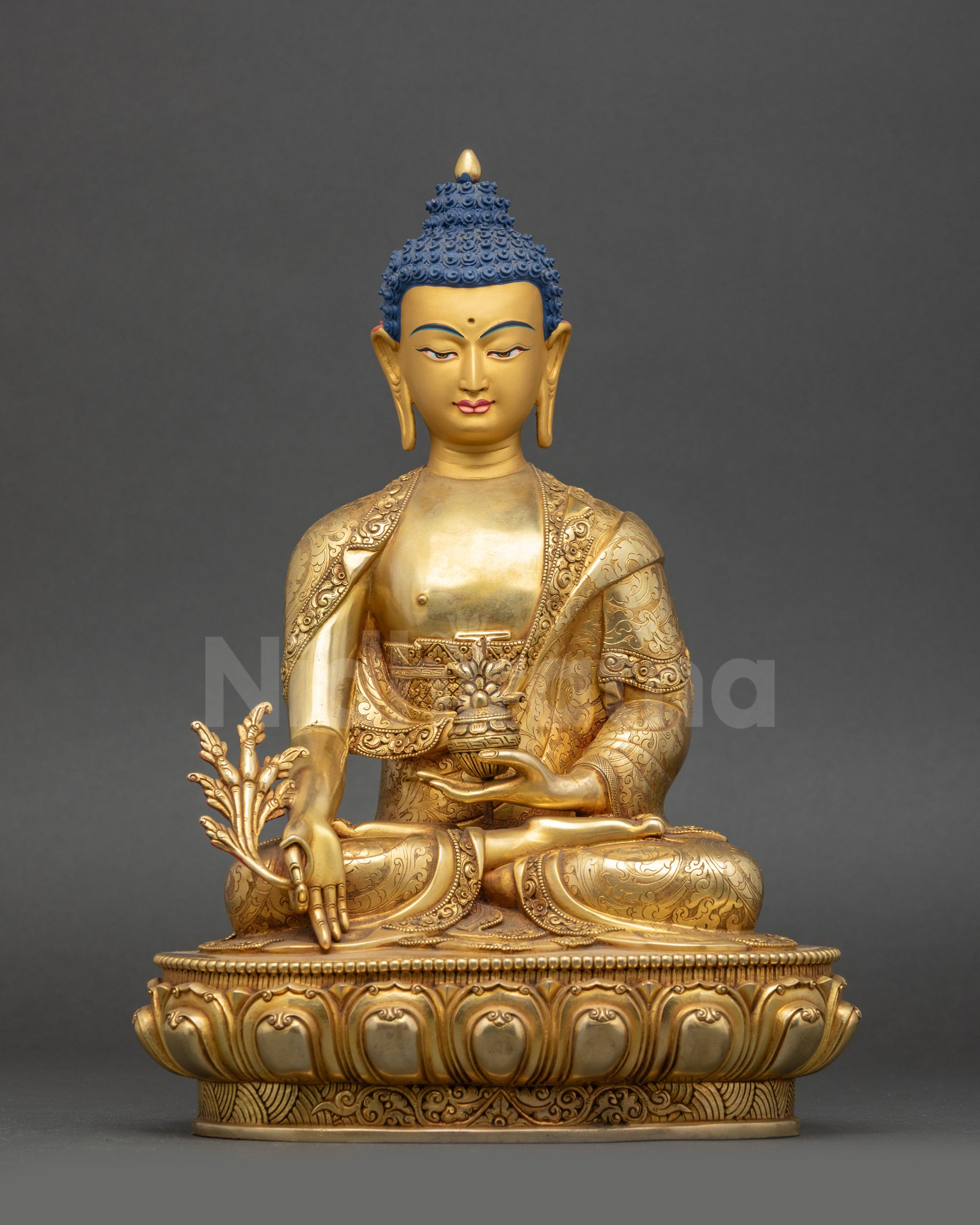 Handmade Bhaisajyaguru Sculpture copper gold details close up