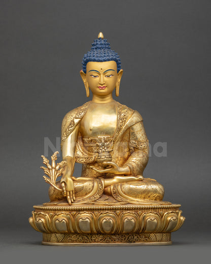 Handmade Bhaisajyaguru Sculpture copper gold details close up