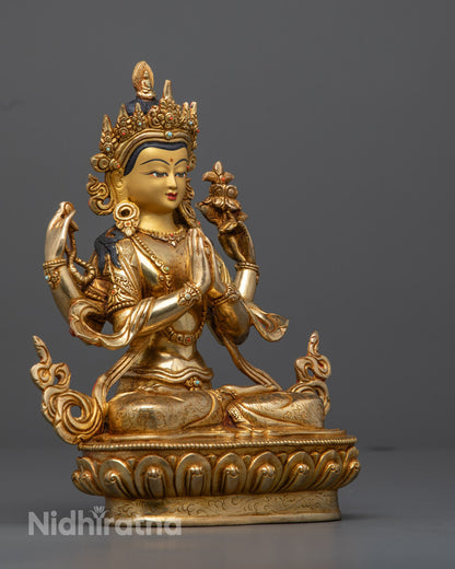 Handmade Chenrezig Statue – Traditional Nepalese Copper with Gold-Plated Face
