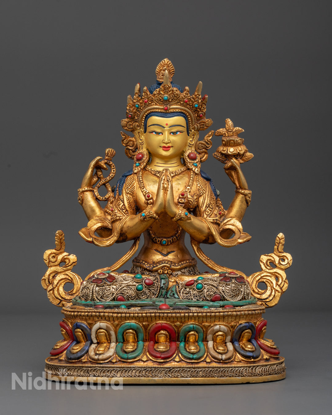 Handmade Copper Sculpture with Gold Gilding on Face and Fire Gilding on Copper, Adorned with Semi-Precious Stones