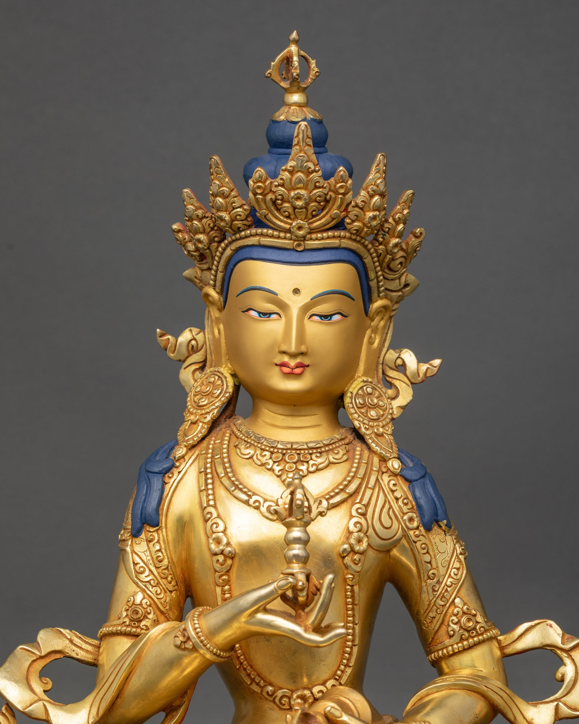 Handmade Dorje Sempa Statue regular close up showing serene expression and detailed crown
