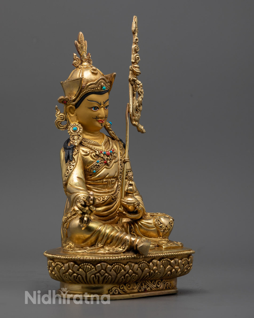 Handmade Guru Rinpoche Statue featuring three kapalas and intricate Himalayan detailing