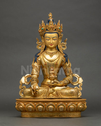 Handmade Jizo Kshitigarbha statue from Nepal seated on lotus pedestal holding jewel and vase
