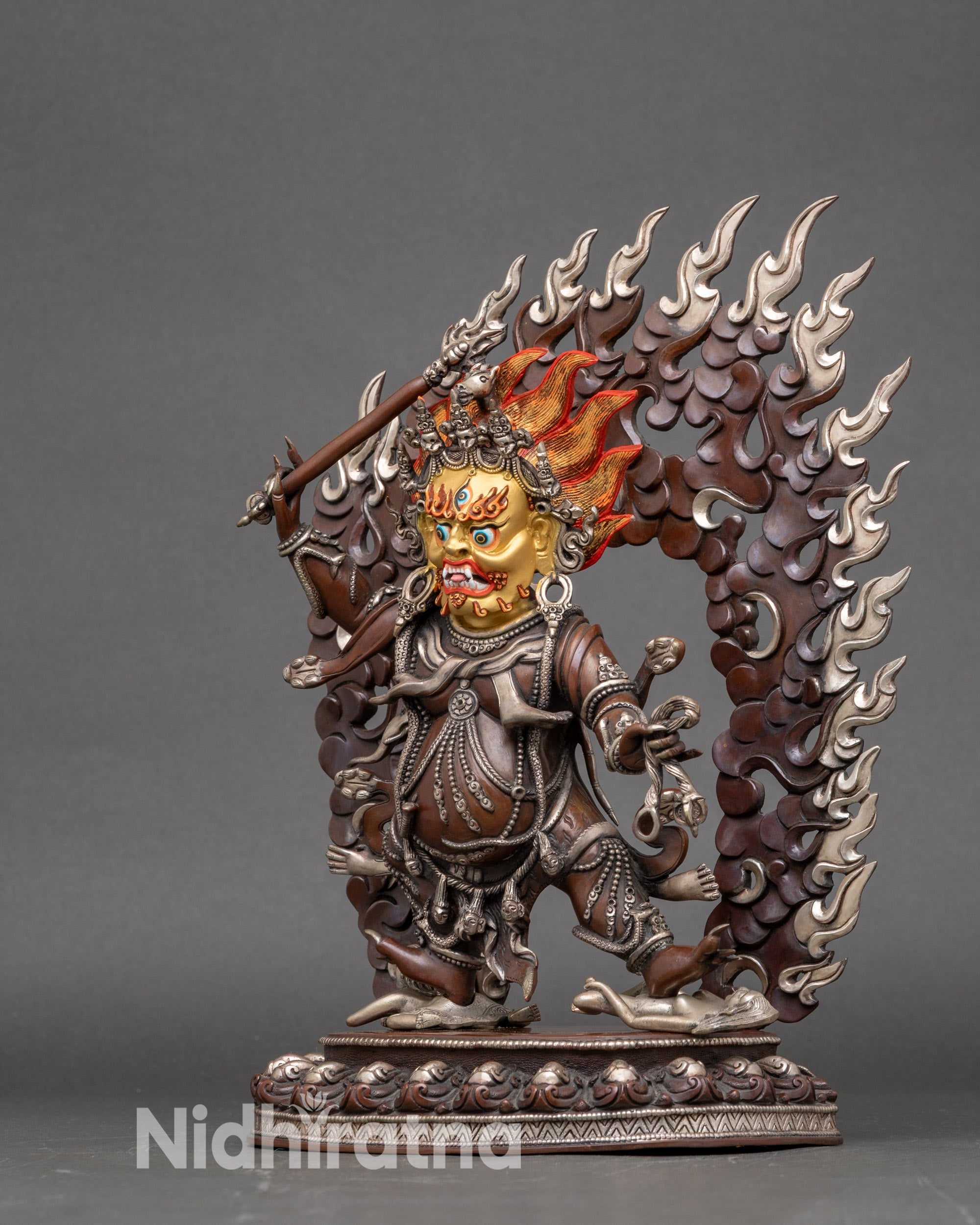 Handmade Nepalese Hayagriva statue holding staff and lasso, Vajrayana ritual art