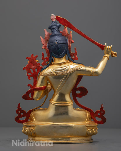 Handmade Nepalese Manjushri Statue Displaying Exquisite Fire-Gilded Gold Finish and Craftsmanship