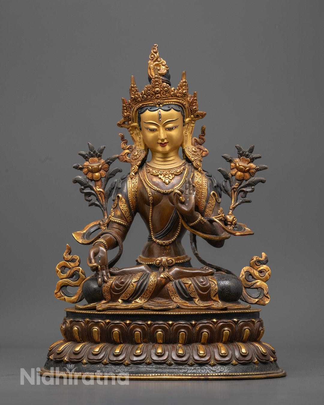 Handmade Oxidized White Tara Statue in premium copper with 24k gold-gilded face, lotus throne, and intricate crown carvings.
