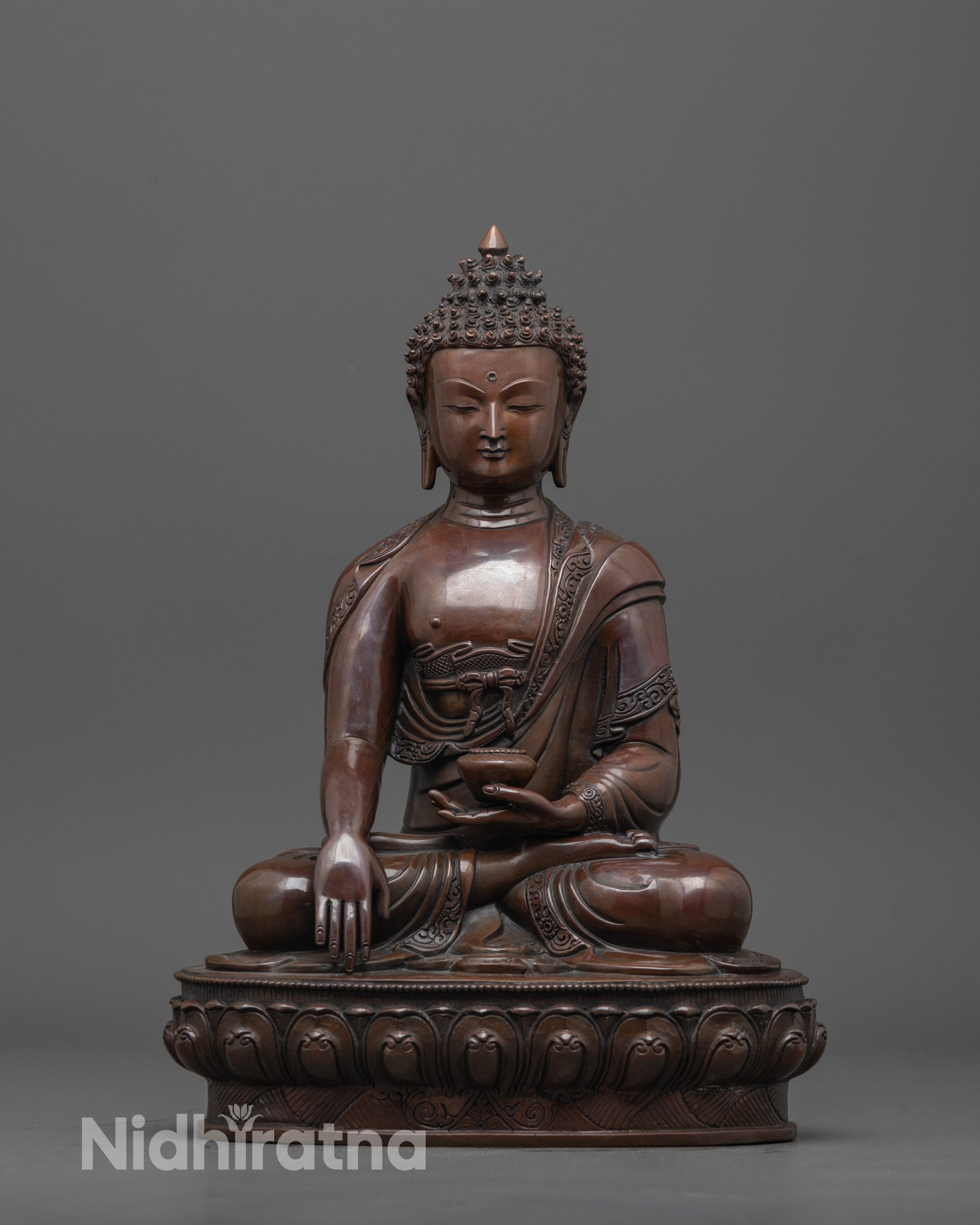 Handmade Shakyamuni Buddha Statue front view showing oxidized copper and detailed carvings