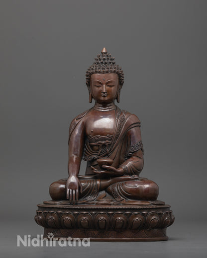 Handmade Shakyamuni Buddha Statue front view showing oxidized copper and detailed carvings