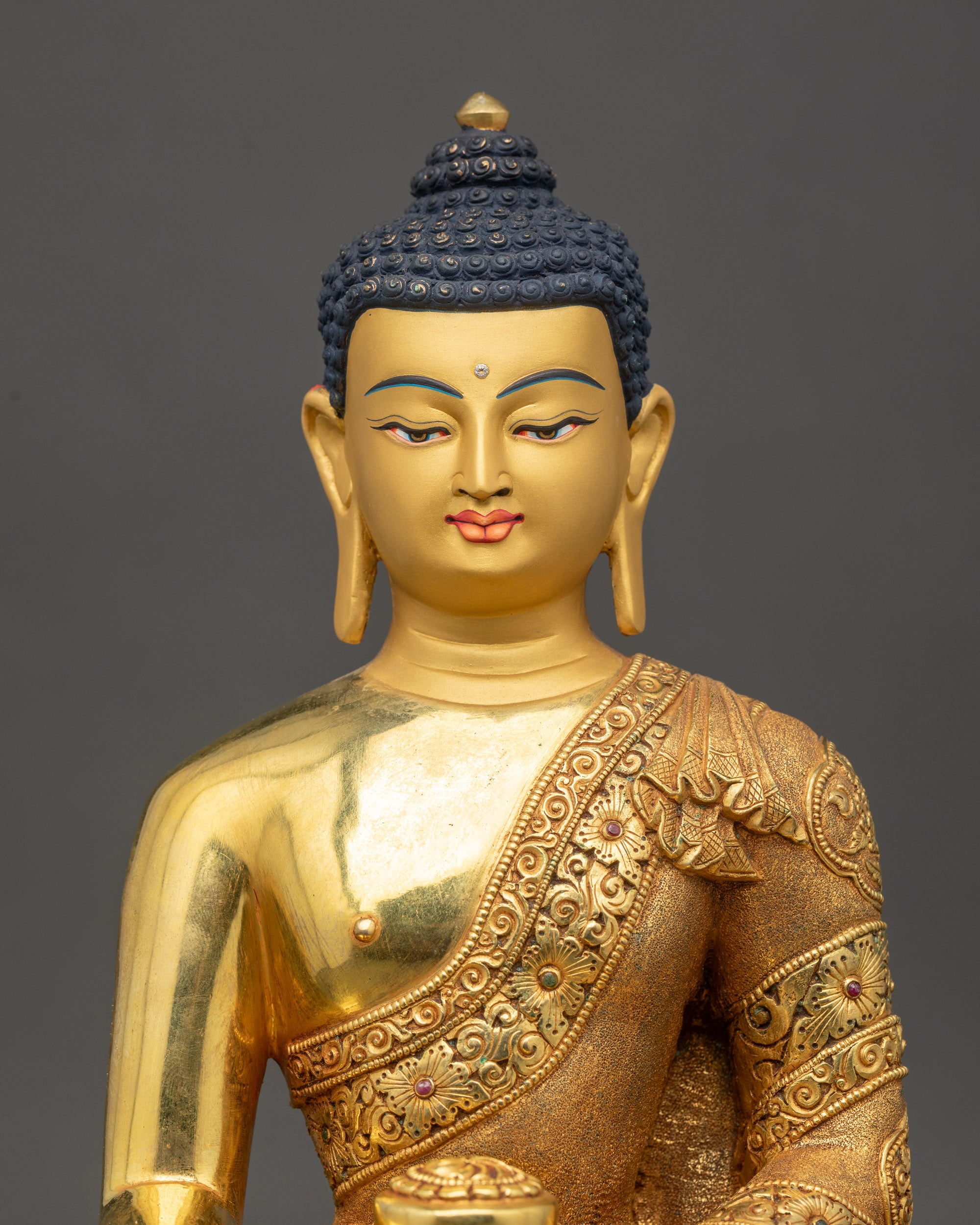 Handmade Shakyamuni Buddha sculpture in earth-touching mudra for meditation and spiritual decor