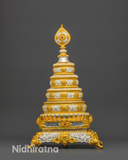 Handmade Tibetan Mandala Offering Set in Silver and Gold Plating by Nepalese Artisans