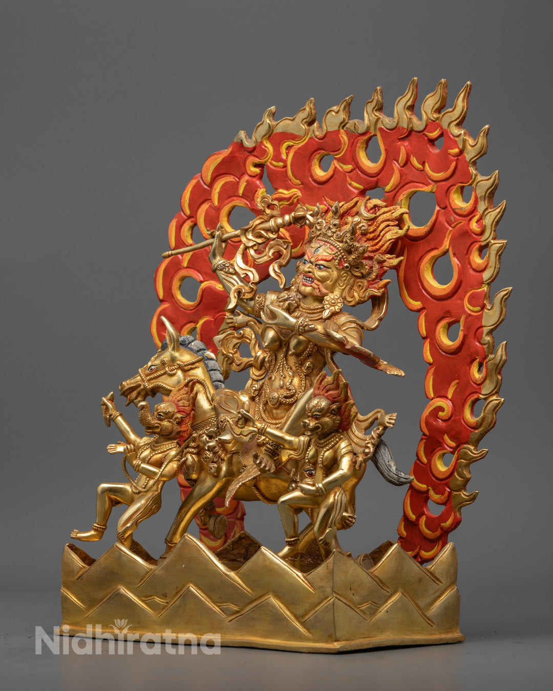 Handmade Tibetan Palden Lhamo statue holding a skull cup filled with blood, symbolizing protection and transcendence of negative energies.
