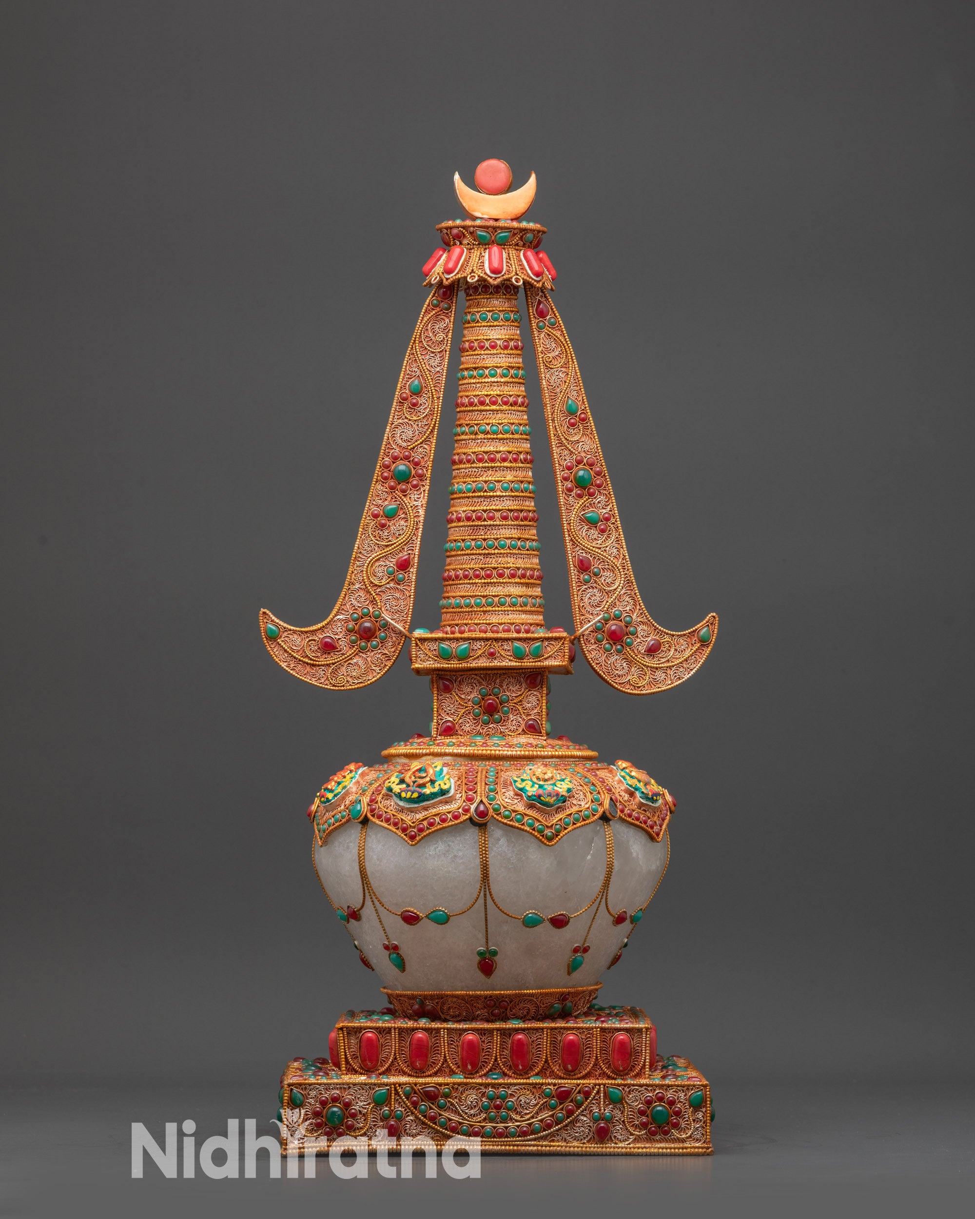 Handmade Tibetan Stupa with Crystal Core and Gold Copper Filigree