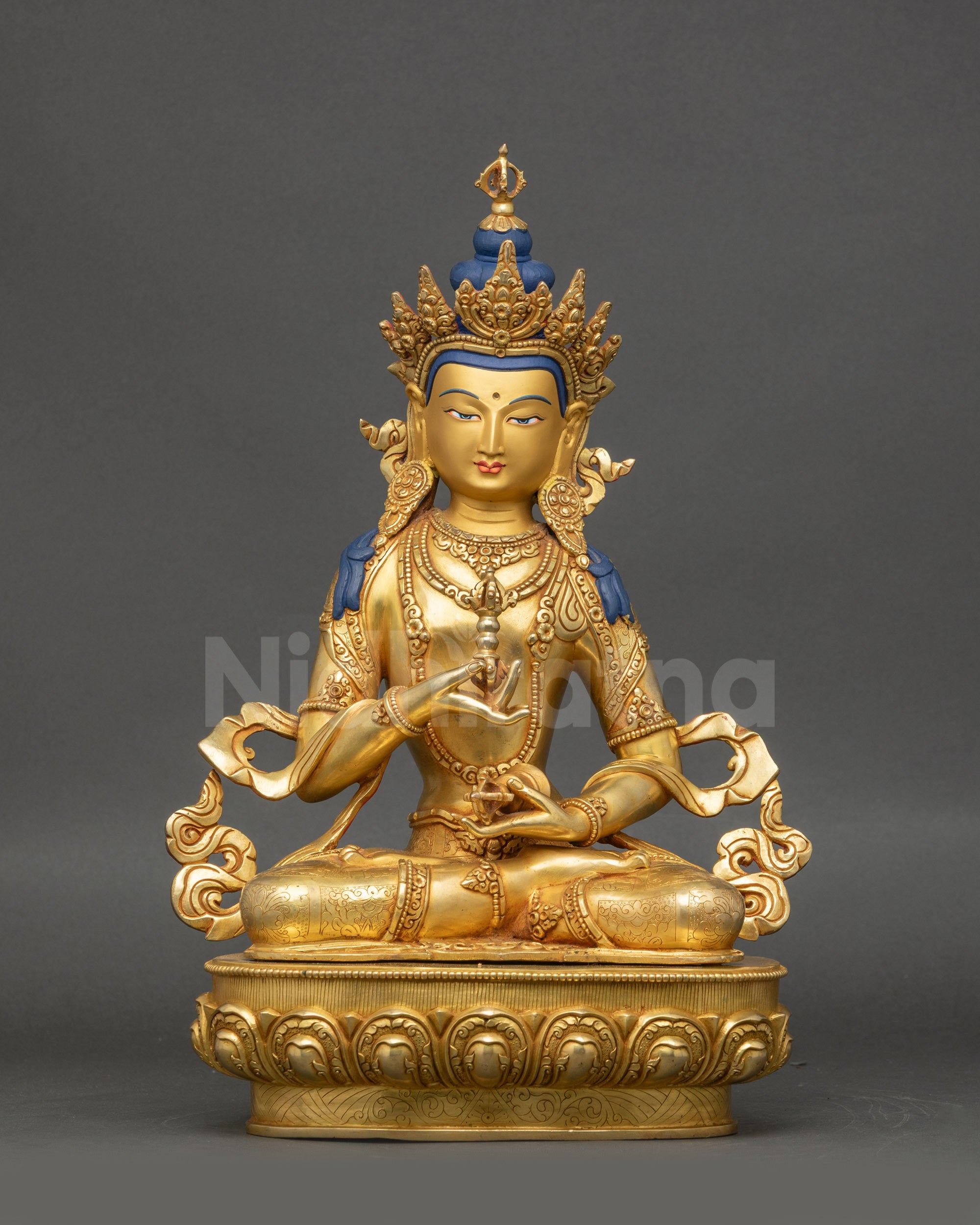 Handmade Vajrasattva Statue front view gold-gilded copper with semi-precious stones
