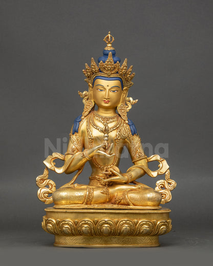 Handmade Vajrasattva Statue front view gold-gilded copper with semi-precious stones
