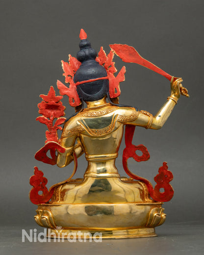 Handmade copper Manjushri statue with scripture on lotus for meditation altar