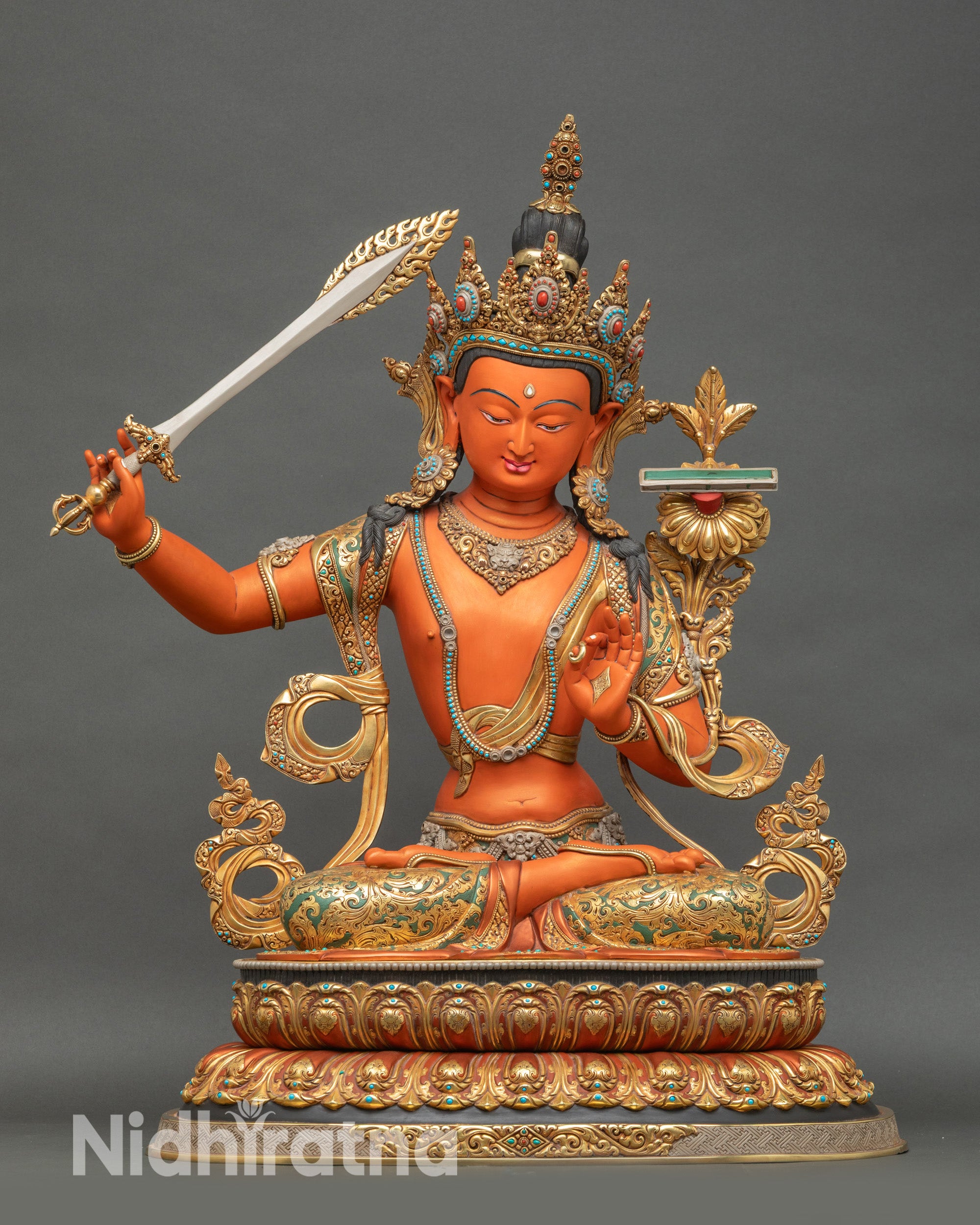 Handpainted 27-inch Manjushri Statue front view – Copper Alloy Buddhist Sculpture from Nepal