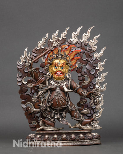 Hayagriva Protector Deity statue, oxidized copper with silver and 24K gold details, handmade in Nepal