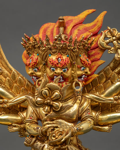 Close-up of handcrafted Hayagriva statue showing crown, jewelry, flowing robe