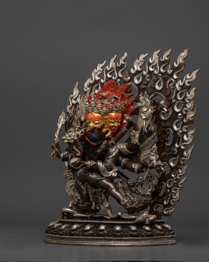 Hayagriva statue, focusing on the flowing design elements, oxidized copper background, and the rich silver plating that enhance the statue’s spiritual intensity and protective energy.