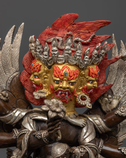 Hayagriva statue’s fierce expression and intricate detailing, highlighting the textured oxidized copper, radiant silver finish, and vibrant acrylic accents representing transformative spiritual power.
