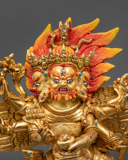 Hayagriva statue with three wrathful faces, 24K gold gilded, Newari Nepalese art