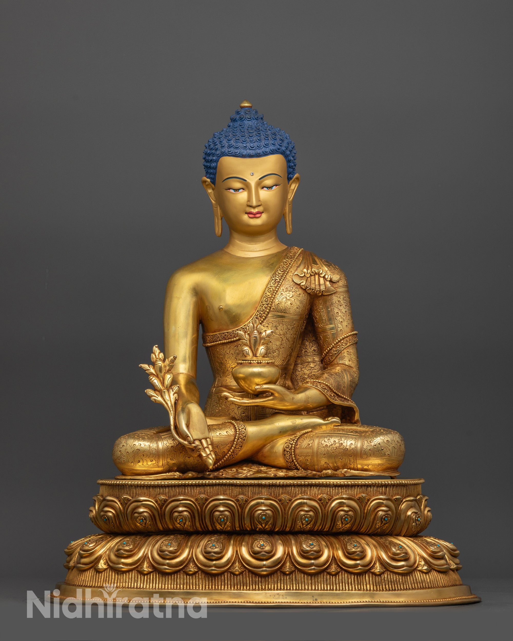 Healing Bhaisajyaguru Buddha Statue with gold-gilded face and double-lotus throne