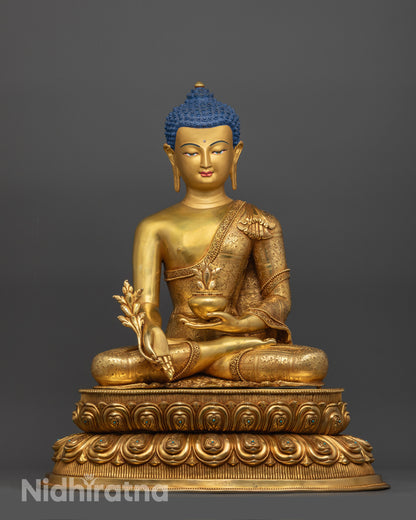 Healing Bhaisajyaguru Buddha Statue with gold-gilded face and double-lotus throne
