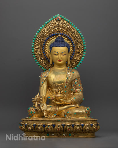 Healing Medicine Buddha Statue in 24k Gold Gilded Copper