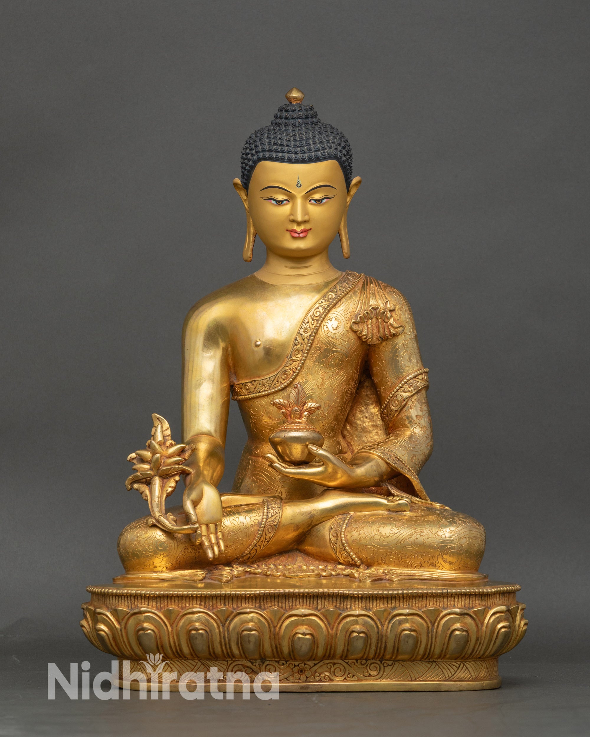 Healing Medicine Buddha statue, handcrafted copper with gold fire-gilding