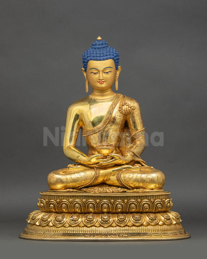Himalayan Amitabha Buddha statue front view with gold-gilded copper and lotus seat