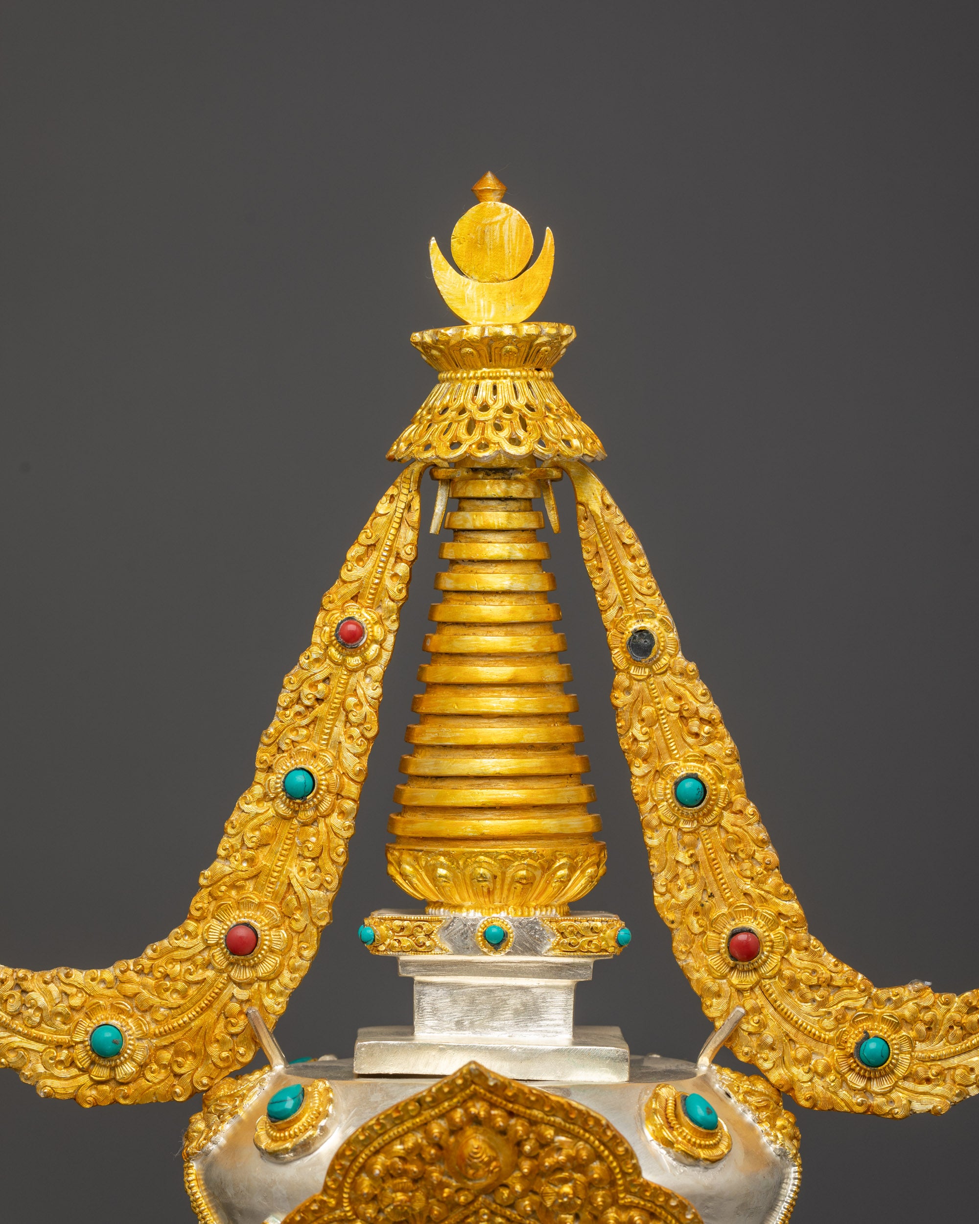 Himalayan Buddhist Chorten with Turquoise and Coral Gemstone Adornments
