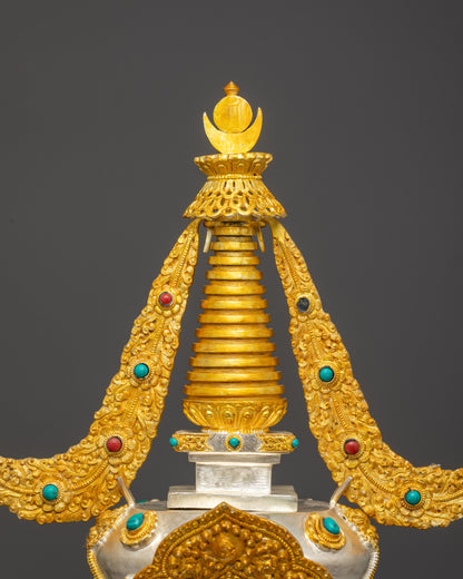 Himalayan Buddhist Chorten with Turquoise and Coral Gemstone Adornments