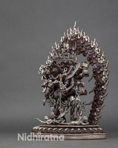 Himalayan Chakrasamvara Yab Yum statue, silver-plated, handcrafted Newari copper art