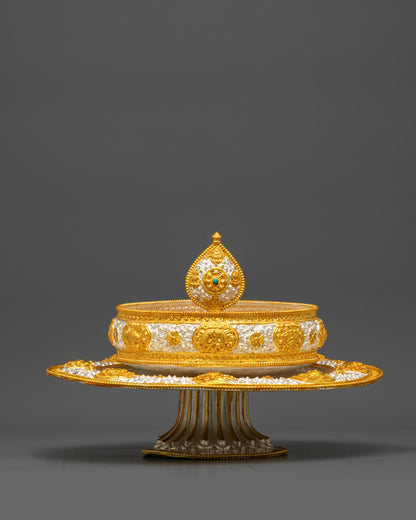 Himalayan Copper Mandala with Gold-Plated Auspicious Symbols and Filigree