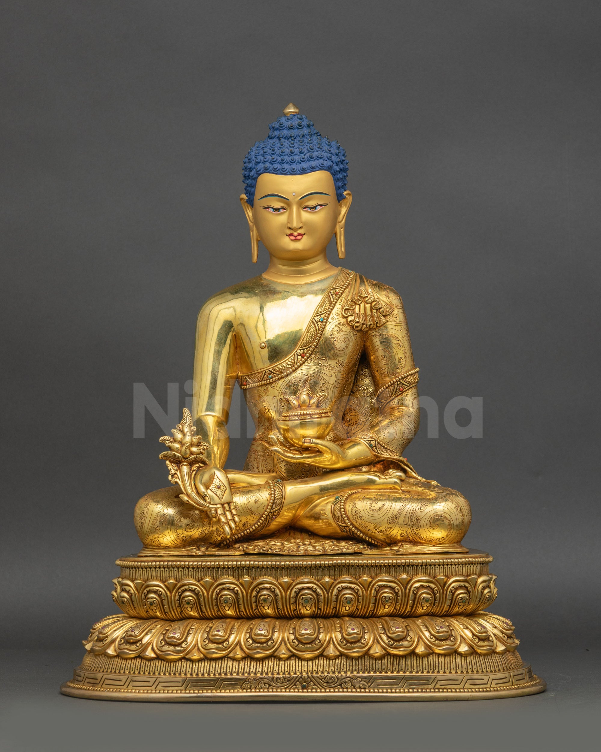 Himalayan Premium Medicine Buddha statue front view with gold-gilded face and lotus seat