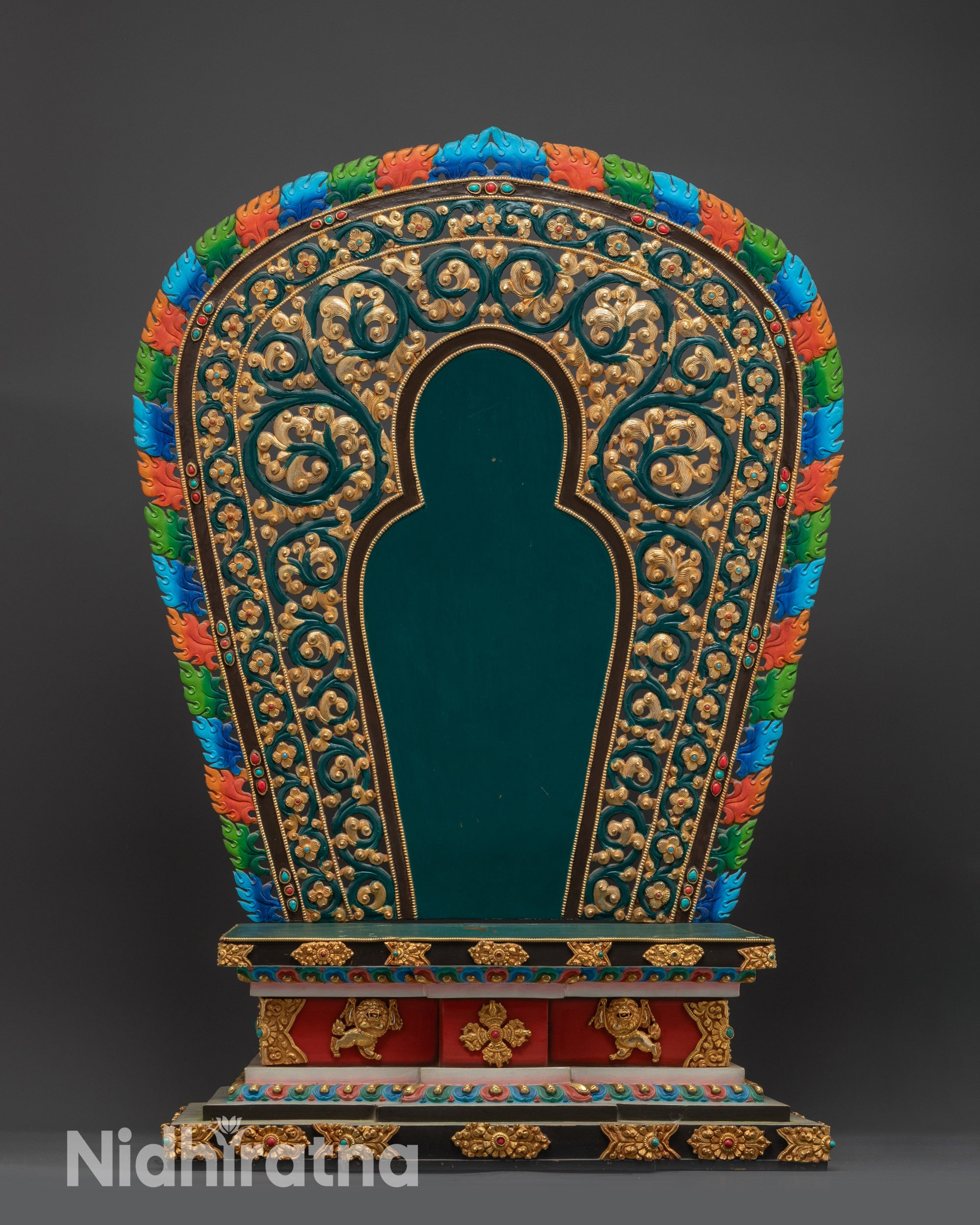 Himalayan Tibetan throne front view handcrafted copper Buddhist statue seat from Nepal
